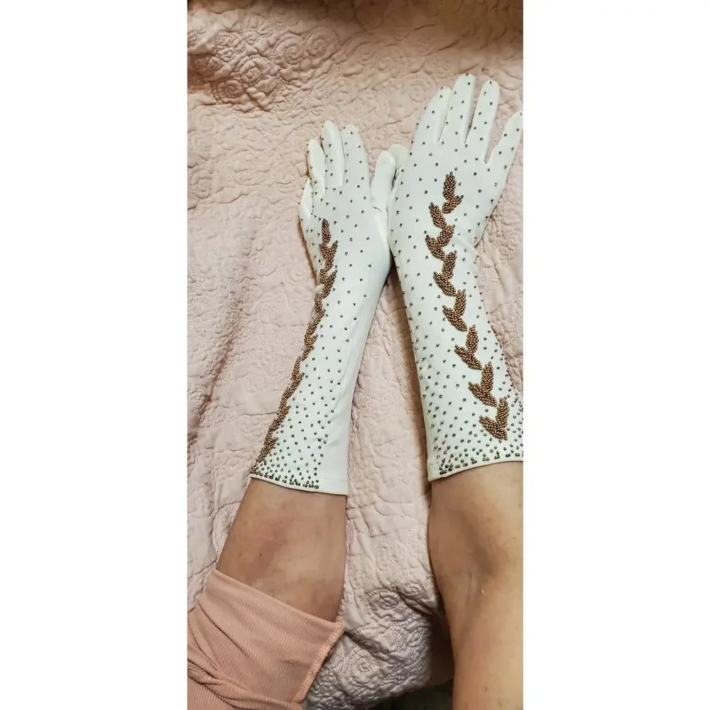 Vintage 40s-50s Hand Beaded Evening Long Gloves Made In Crown Colony Hong Kong
